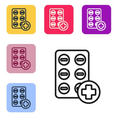 Siyah çizgili haplar beyaz arka planda izole edilmiş. İlaç paketi. Tablet, vitamin, antibiyotik, aspirin. Renkli kare düğmelerle simgeleri ayarla. Vektör İllüstrasyonu