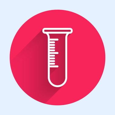 Beyaz çizgi test tüpü ve uzun gölgeli matara ikonu. Kimyasal laboratuvar testi. Laboratuvar camları. Kırmızı daire düğmesi. Vektör İllüstrasyonu