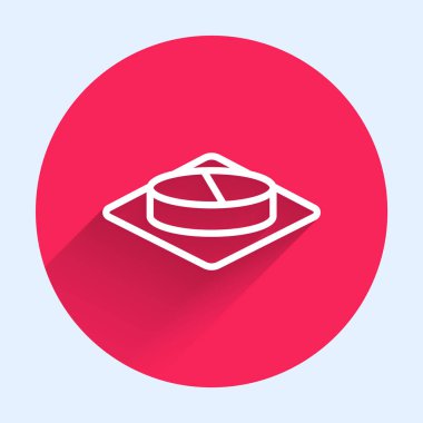 Uzun gölgeli beyaz çizgi ilaç veya tablet ikonu. Kapsül hapı ve uyuşturucu işareti. Eczane tasarımı. Kırmızı daire düğmesi. Vektör İllüstrasyonu