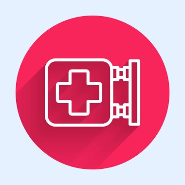 Beyaz çizgi hastane tabela ikonu uzun gölgeli izole edilmiş. Kırmızı daire düğmesi. Vektör İllüstrasyonu