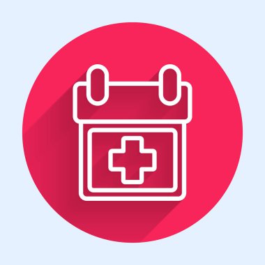 Beyaz çizgi Doktor atama ikonu uzun gölgeli izole edildi. Takvim, planlama kurulu, ajanda, danışman doktor. Kırmızı daire düğmesi. Vektör İllüstrasyonu
