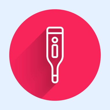 Tıbbi muayene ikonu için beyaz çizgi dijital termometre uzun gölgeli izole edilmiş. Kırmızı daire düğmesi. Vektör İllüstrasyonu