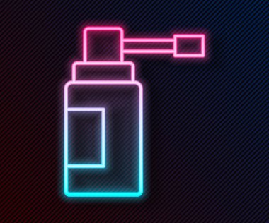 Siyah arka planda izole edilmiş burun ve boğaz ikonu hastalıklarının tedavisi için püskürtülmüş parlak neon hattı tıbbi şişesi. Vektör İllüstrasyonu