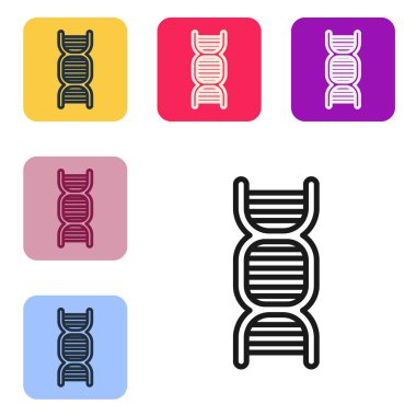 Beyaz arkaplanda siyah çizgi DNA sembolü izole edilmiş. Renkli kare düğmelerle simgeleri ayarla. Vektör İllüstrasyonu