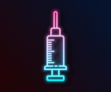 Parlayan neon çizgisi şırınga simgesi siyah arkaplanda izole edildi. Aşı için şırınga, aşı, iğne, grip aşısı. Tıbbi ekipman. Vektör İllüstrasyonu