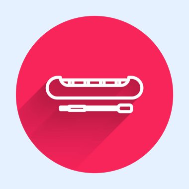 Beyaz çizgi kano ve kürek ikonu uzun gölgeli izole edilmiş. Balıkçılık ve turizm için kano. Açık hava aktiviteleri. Kırmızı daire düğmesi. Vektör İllüstrasyonu