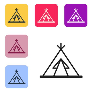 Beyaz arka planda izole edilmiş siyah çizgi geleneksel kızılderili çadırı ya da wigwam simgesi. Kızılderili çadırı. Renkli kare düğmelerle simgeleri ayarla. Vektör İllüstrasyonu