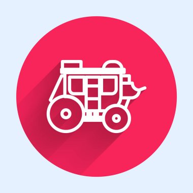 Beyaz çizgi batı posta arabası ikonu uzun gölgeli izole edilmiş. Kırmızı daire düğmesi. Vektör İllüstrasyonu