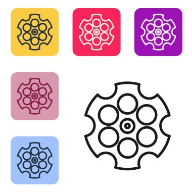 Siyah çizgi Revolver silindir simgesi beyaz arkaplanda izole edildi. Renkli kare düğmelerle simgeleri ayarla. Vektör İllüstrasyonu