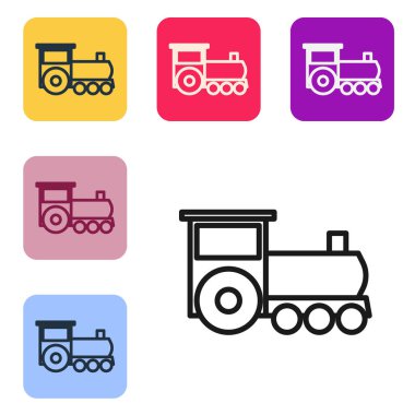 Siyah çizgi Retro tren simgesi beyaz arkaplanda izole edildi. Toplu taşıma sembolü. Renkli kare düğmelerle simgeleri ayarla. Vektör İllüstrasyonu