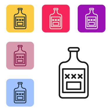Siyah çizgili viski şişesi simgesi beyaz arkaplanda izole edilmiş. Renkli kare düğmelerle simgeleri ayarla. Vektör İllüstrasyonu