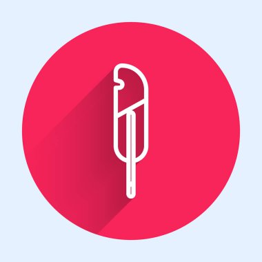 Beyaz çizgi tüy kalem simgesi uzun gölgeli izole edilmiş. Kırmızı daire düğmesi. Vektör İllüstrasyonu