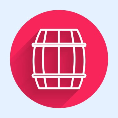 Beyaz çizgi tahta varil ikonu uzun gölgeli izole edilmiş. Alkol fıçısı, içki kabı, bira için tahta fıçı, viski, şarap. Kırmızı daire düğmesi. Vektör İllüstrasyonu