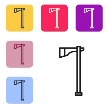 Beyaz arka planda izole edilmiş siyah çizgi Amerikan Tomahawk balta ikonu. Renkli kare düğmelerle simgeleri ayarla. Vektör İllüstrasyonu