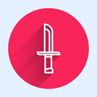 Uzun gölgeli beyaz çizgi askeri bıçak ikonu. Kırmızı daire düğmesi. Vektör İllüstrasyonu