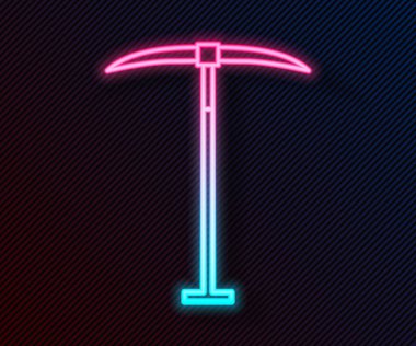 Parlayan neon çizgisi Kazma simgesi siyah arkaplanda izole edildi. Vektör İllüstrasyonu