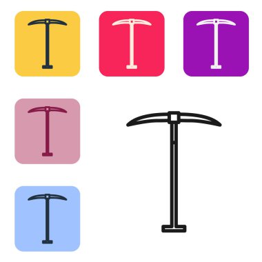 Siyah çizgili Kazma simgesi beyaz arkaplanda izole edildi. Renkli kare düğmelerle simgeleri ayarla. Vektör İllüstrasyonu