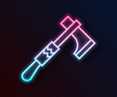 Parlak neon çizgisi Kızılderili baltası simgesi siyah arka planda izole edilmiş. Vektör İllüstrasyonu