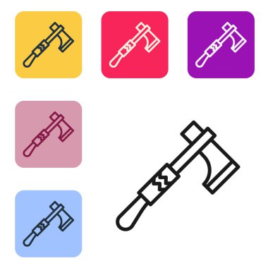 Beyaz arka planda izole edilmiş siyah çizgi Amerikan Tomahawk balta ikonu. Renkli kare düğmelerle simgeleri ayarla. Vektör İllüstrasyonu