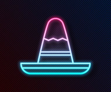 Parlayan neon hattı Geleneksel Meksika sombrero şapka ikonu siyah arka planda izole edildi. Vektör İllüstrasyonu