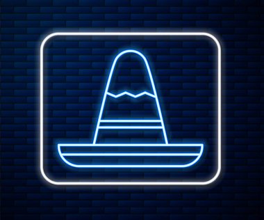 Parlayan neon hattı. Tuğla duvar arkasında izole edilmiş geleneksel Meksika sombrero şapka ikonu. Vektör İllüstrasyonu