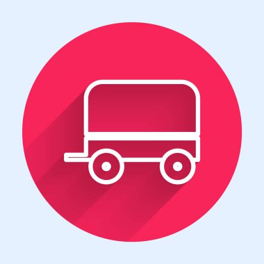 Beyaz çizgi Vahşi Batı, uzun gölgelerle izole edilmiş bir araba ikonu. Kırmızı daire düğmesi. Vektör İllüstrasyonu