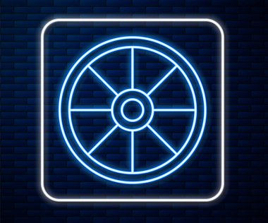 Parlayan neon hattı tuğla duvar arkasında izole edilmiş eski ahşap tekerlek simgesi. Vektör İllüstrasyonu