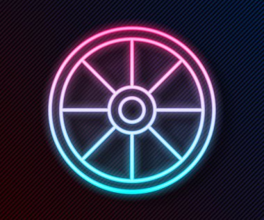 Parlayan neon hattı siyah arka planda izole edilmiş eski ahşap tekerlek simgesi. Vektör İllüstrasyonu