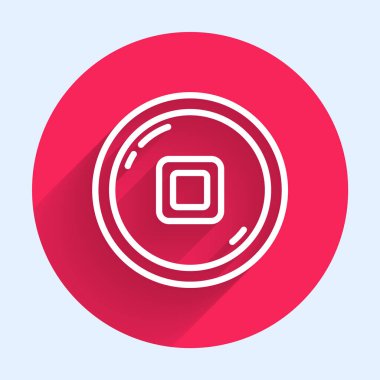 Beyaz çizgi Çin Yuan para birimi sembolü uzun gölgeli izole. Bozuk para. Bankacılık işareti. Para sembolü. Kırmızı daire düğmesi. Vektör İllüstrasyonu