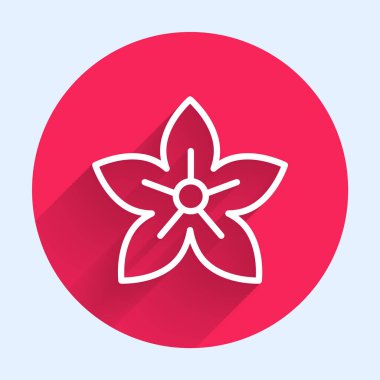 Beyaz çizgili nilüfer çiçeği ikonu uzun gölgeli izole edilmiş. Kırmızı daire düğmesi. Vektör İllüstrasyonu