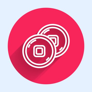 Beyaz çizgi Çin Yuan para birimi sembolü uzun gölgeli izole. Bozuk para. Bankacılık işareti. Para sembolü. Kırmızı daire düğmesi. Vektör İllüstrasyonu