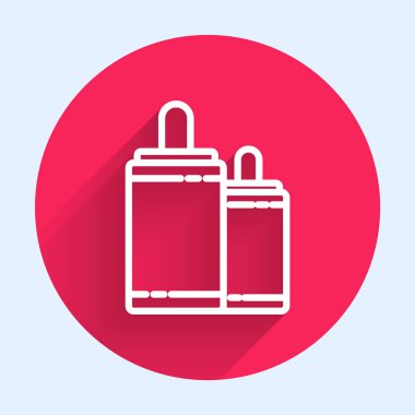 Beyaz çizgi Havai fişek ikonu uzun gölgeli izole edildi. Eğlence partisi anlayışı. Patlayıcı havai fişek sembolü. Kırmızı daire düğmesi. Vektör İllüstrasyonu