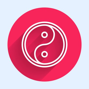 Beyaz çizgi Yin Yang 'ın sembolü uyum ve denge simgesi uzun gölgeli. Kırmızı daire düğmesi. Vektör İllüstrasyonu
