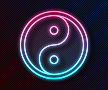 Parlak neon çizgisi Yin Yang siyah arkaplanda izole edilmiş uyum ve denge simgesi. Vektör İllüstrasyonu