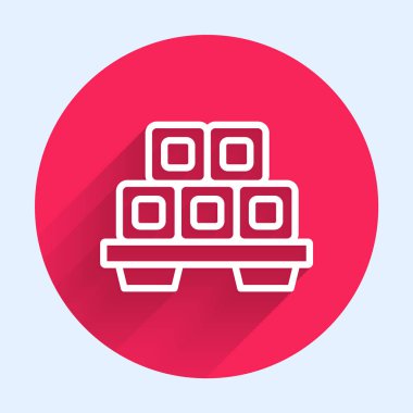 Kesme tahtasındaki beyaz çizgi suşi uzun gölgeli izole edilmiş. Tahtada Asya yemeği suşisi. Kırmızı daire düğmesi. Vektör İllüstrasyonu