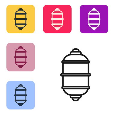 Beyaz zemin üzerinde siyah çizgi Çin kağıt fener ikonu izole. Renkli kare düğmelerle simgeleri ayarla. Vektör İllüstrasyonu