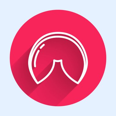 Beyaz çizgi Çin fal kurabiyesi ikonu uzun gölgeli. Geleneksel Asya. Kırmızı daire düğmesi. Vektör İllüstrasyonu