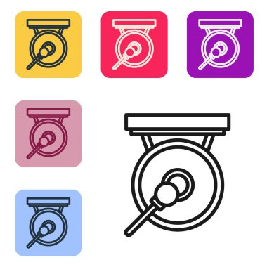 Black line Gong musical percussion instrument circular metal disc and hammer icon isolated on white background. Set icons in color square buttons. Vector Illustration vector