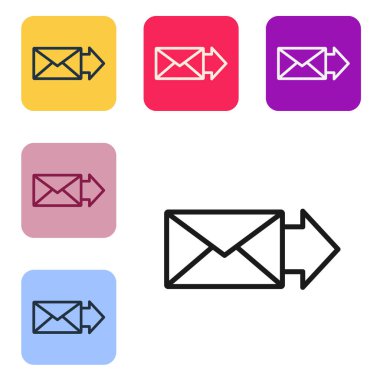 Siyah çizgi Zarf simgesi beyaz arkaplanda izole edildi. E- posta mektup sembolü. Renkli kare düğmelerle simgeleri ayarla. Vektör İllüstrasyonu