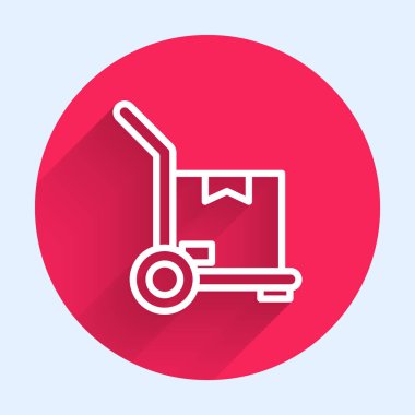 Beyaz çizgili el arabası ve uzun gölgeli kutu simgesi. Dolly sembolü. Kırmızı daire düğmesi. Vektör İllüstrasyonu