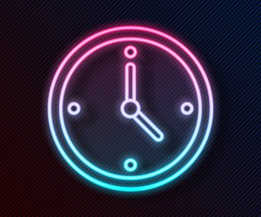 Parlayan neon hattı hızlı dağıtım simgesi siyah arkaplanda izole edildi. Zamanında servis, hareket halindeki kronometre, son teslim tarihi konsepti, saat hızı. Vektör İllüstrasyonu