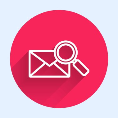 Uzun gölgeli, büyüteç ikonlu beyaz çizgi mektup. Kırmızı daire düğmesi. Vektör İllüstrasyonu