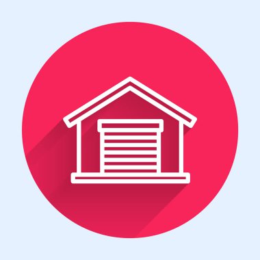 Beyaz çizgi Depo ikonu uzun gölgeli izole edilmiş. Kırmızı daire düğmesi. Vektör İllüstrasyonu