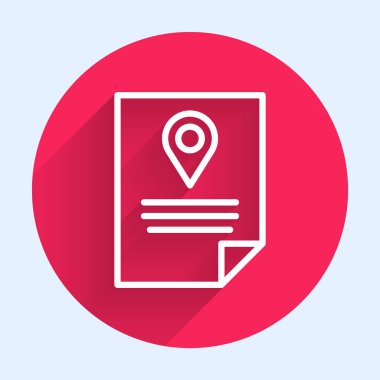 Beyaz Çizgi Belge İşaretleme Sistemi simgesi uzun gölgeli izole edildi. Paket takibi. Kırmızı daire düğmesi. Vektör İllüstrasyonu