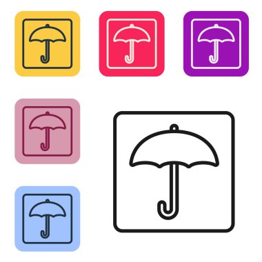 Beyaz arkaplanda siyah çizgi Umbrella simgesi izole edildi. Su geçirmez ikon. Koruma, güvenlik, güvenlik kavramı. Suya dayanıklı sembol. Renkli kare düğmelerle simgeleri ayarla. Vektör İllüstrasyonu
