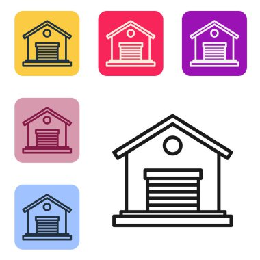 Beyaz arka planda siyah çizgi Depo simgesi izole edildi. Renkli kare düğmelerle simgeleri ayarla. Vektör İllüstrasyonu