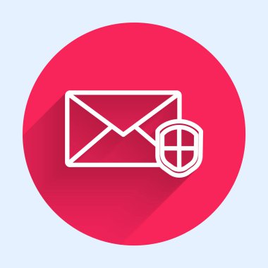 Beyaz çizgi Zarfı, uzun gölgeli, kalkan simgesi ile izole edilmiş. Sigorta konsepti. Güvenlik, güvenlik, koruma, konsept koruma. Kırmızı daire düğmesi. Vektör İllüstrasyonu