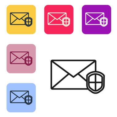 Beyaz zemin üzerinde kalkan simgesi olan siyah çizgi zarfı. Sigorta konsepti. Güvenlik, güvenlik, koruma, konsept koruma. Renkli kare düğmelerle simgeleri ayarla. Vektör İllüstrasyonu