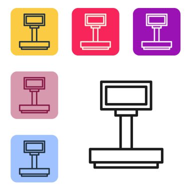 Siyah çizgi Ölçek simgesi beyaz arkaplanda izole edildi. Lojistik ve teslimat. Dağıtım paketinin ağırlığı bir ölçekte. Renkli kare düğmelerle simgeleri ayarla. Vektör İllüstrasyonu