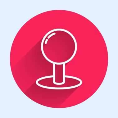 Beyaz çizgi Push iğne simgesi uzun gölgeli izole. Raptiye işareti. Kırmızı daire düğmesi. Vektör İllüstrasyonu